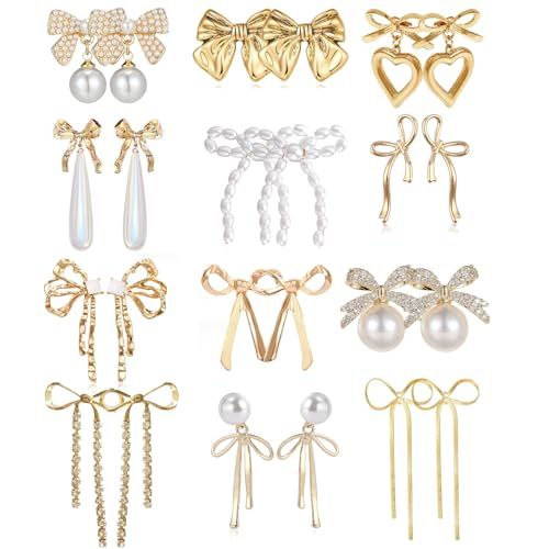12 Pairs Crystal Rhinestone Pearl Kate Spade bow stud earrings for women Statement Ribbon Fringe ... | Amazon (US)