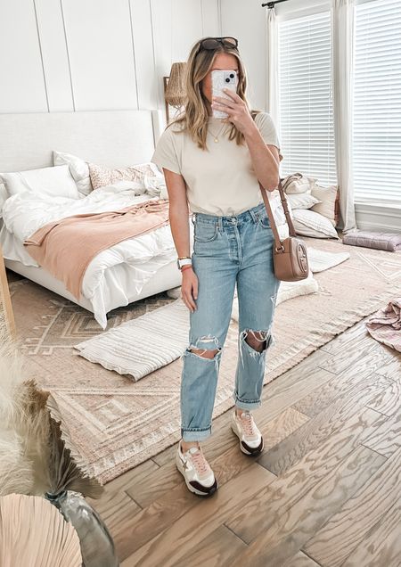 nuuds perfect tucked in tee shirt bodysuit - wearing small in “bone” - dylan citizens of humanity jeans (i own 4 different washes in this style!) dad running sneakers 

#LTKstyletip #LTKFind #LTKsalealert