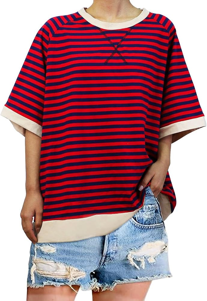 Oversized T-Shirts Striped Crewneck Short Sleeve Casual Tops Loose Blouses Lookalikes Free for Wo... | Amazon (US)
