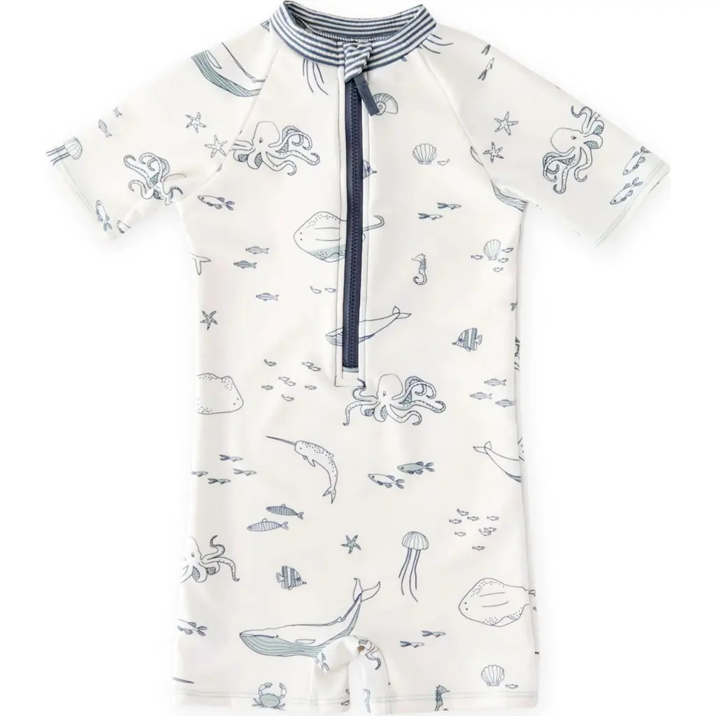 Pehr Kids' Short Sleeve One-Piece Rashguard Swimsuit in Life Aquatic at Nordstrom, Size 0-6M | Nordstrom