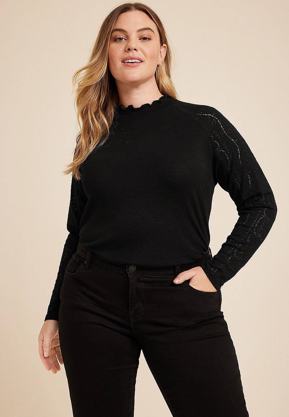Plus Size Lace Sleeve Mock Neck Top | Maurices