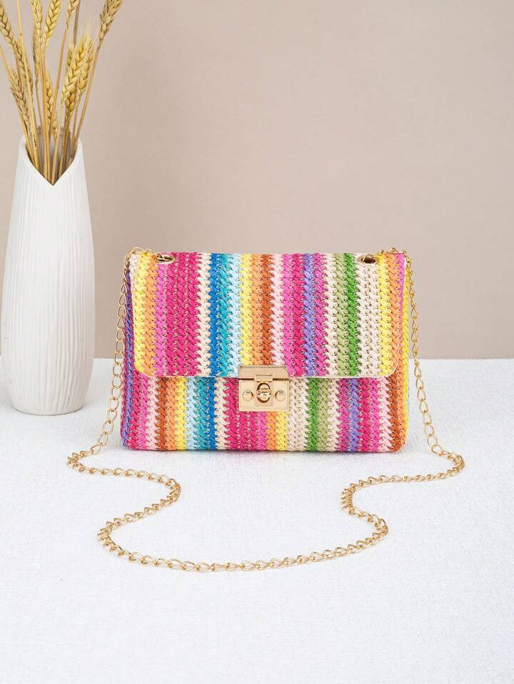 Woven Colorful Shoulder Chain Bag Ladies' Small Square Bag, Spring/Summer Casual Beach Bag, High ... | SHEIN