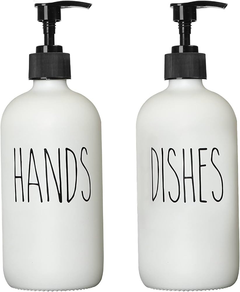 MOMEEMO Soap Dispenser Set 2 Pack, Contains Dish Soap Dispenser and Hand Soap Dispenser. 16 Oz Glass Soap Dispenser with Black Plastic Pumps. (White) | Amazon (US)
