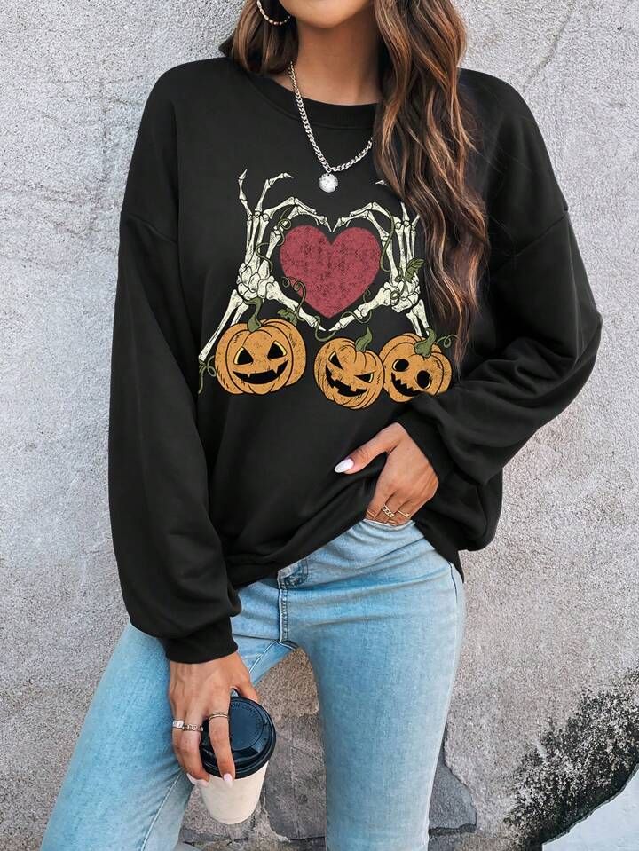 SHEIN LUNE Halloween Pumpkin & Skeleton Finger Print Drop Shoulder Sweatshirt | SHEIN
