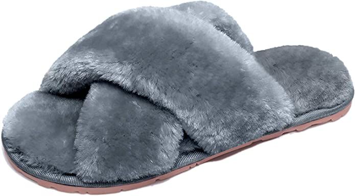 Husmeu Women's Cross Band Fuzzy Slippers Open Toe Comfy Soft Plush Rubber Sole House Shoese Indoo... | Amazon (US)