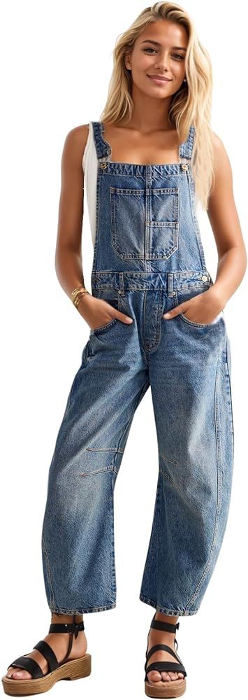 Ladyful Women's Denim Overall Casual Straight Wide Leg Bib Jeans Overall Adjustable Straps Denim ... | Amazon (US)