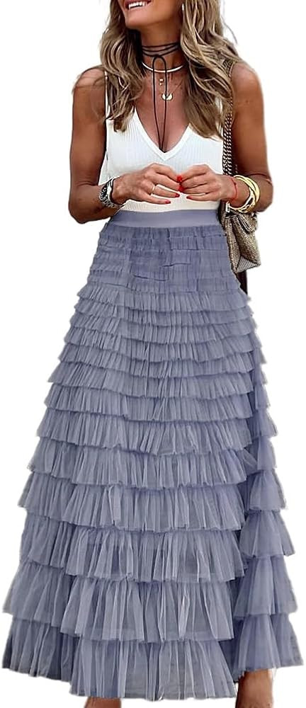 Long Tulle Skirt for Women Trendy High Waisted A Line Fluffy Fairy Mesh Layered Ruffle Skirt | Amazon (US)