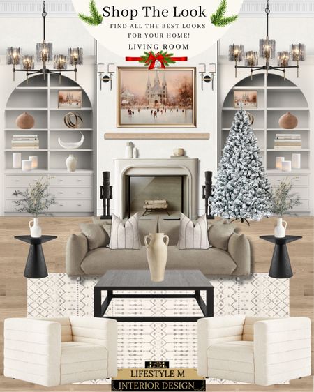 Living Room with Christmas decor ideas. Gray sofa, white tufted armchair, white geometric rug, black square coffee table, black round end table, black nut cracker decor, beige vase, curved decor bowl, Christmas holiday home decor, Christmas tree, round lantern chandelier, christmas wall art, off white throw pillow, wall sconce light.

#LTKhome #LTKHoliday #LTKstyletip