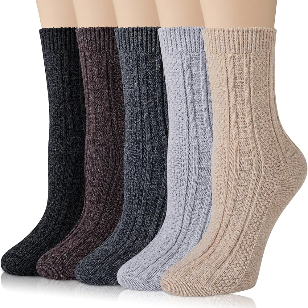 Womens Wool Socks, 5 Pairs Vintage Thick Knit Winter Warm Socks for Women Men Gifts | Amazon (US)