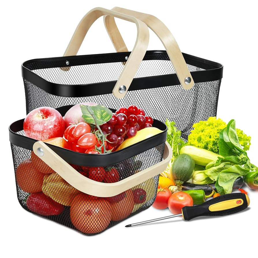 Dualshine 2 Pack Garden Harvest Basket, Metal Mesh Wire Picnic Basket with Handle, Rectangle Gard... | Amazon (US)