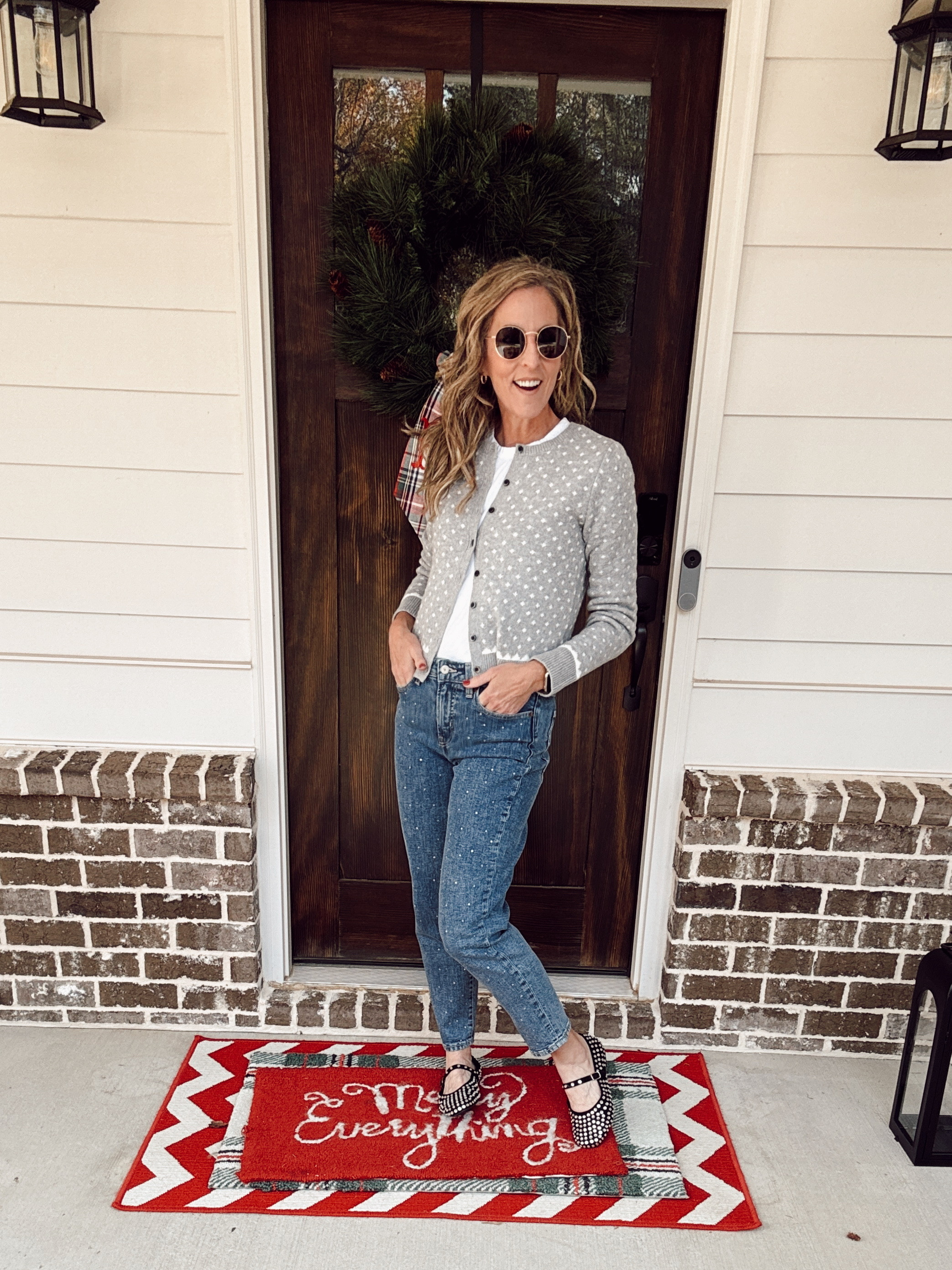 Old Navy classic high waisted OG rhinestone embellished ankle jeans on trend this season for all the sparkle – at a simple cardigan and white tea and it’s the perfect look for every day style  

#LTKOver40 #LTKHoliday #LTKSeasonal