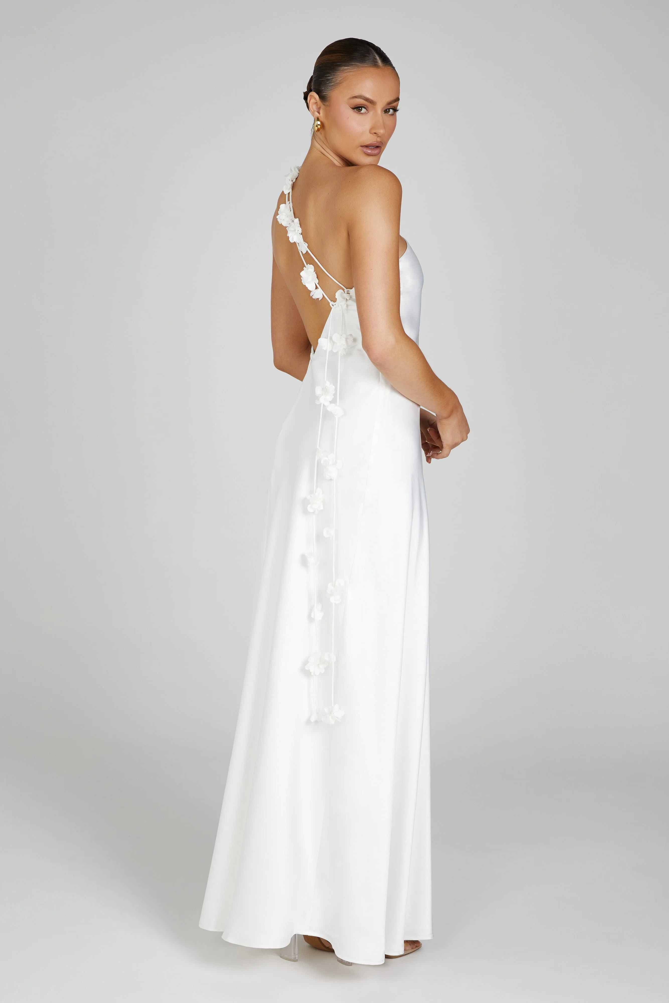 Rebecca One Shoulder Rose Maxi Dress - White | MESHKI US