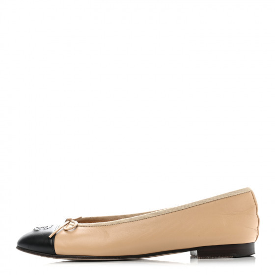 CHANEL Lambskin Cap Toe Ballerina Flats 39.5 Beige Black | Fashionphile