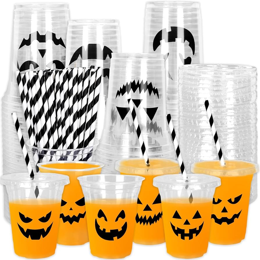 Whaline 60Pcs Halloween Disposable Plastic Cups with Lids and Straws 12oz Jack-O-Lantern Pumpkin ... | Amazon (US)