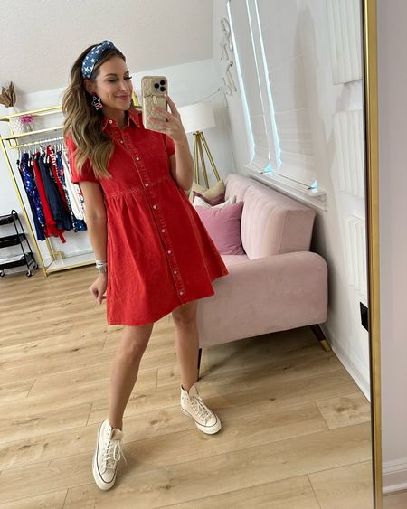 In a small red denim dress, beaded Star earrings, Star headband and high top converse for patriotic outfit from amazon- fits TTS.

#LTKstyletip #LTKSeasonal #LTKunder50