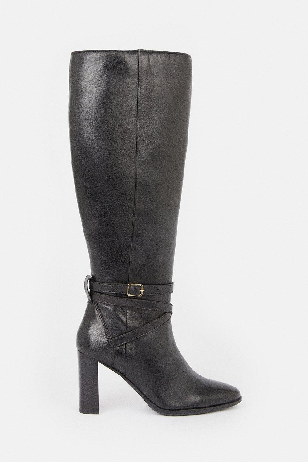Leather Heeled Buckle Detail Knee High | Karen Millen US