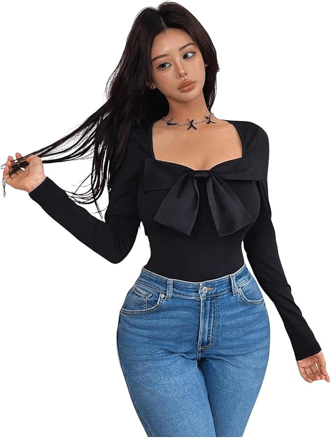 GORGLITTER Women's Bow Tie T Shirt Cute Bowknot Long Sleeve Fitted Sqaured Neck Fall Trendy Shirt... | Amazon (US)