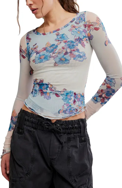 Free People Lilly Print Long Sleeve Mesh Top in Frost Combo at Nordstrom, Size Large | Nordstrom