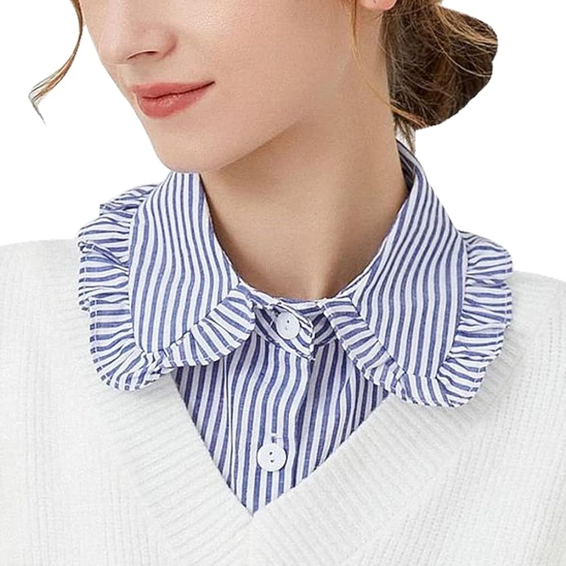 LoudSung Fake Collar Detachable Blouse False Collar Half Shirts Collar Blue Stripes Designed Top ... | Amazon (US)