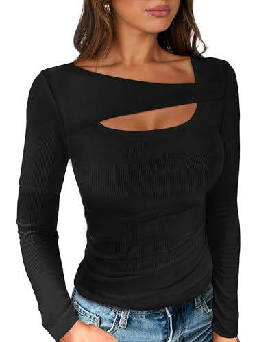 ANRABESS Womens Cutout Tops Trendy Sexy Long Sleeve Shirts Ribbed Slim Fit Tee 2025 Fall Fashion ... | Amazon (US)