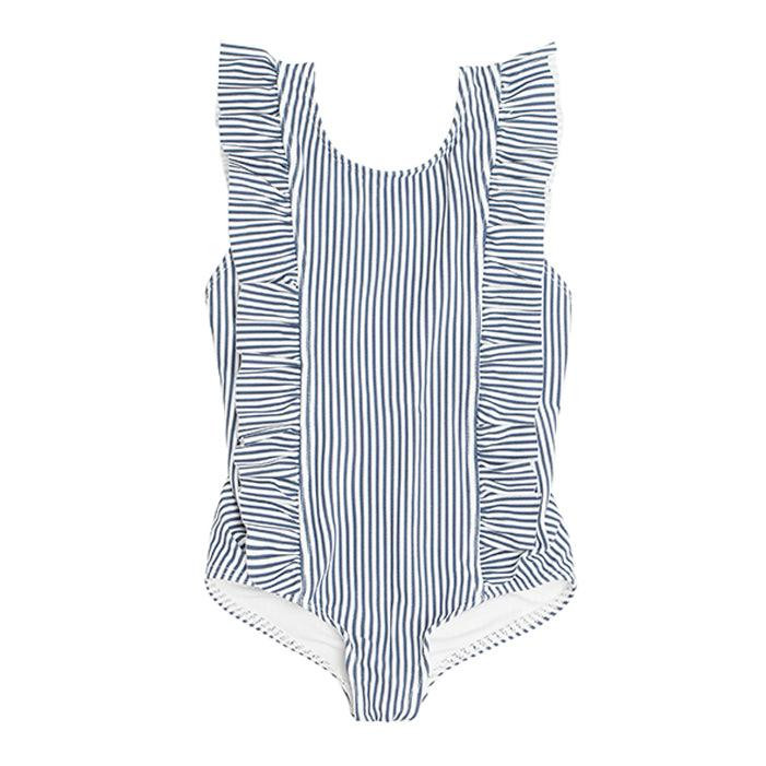 girls navy stripe ruffle one piece | minnow