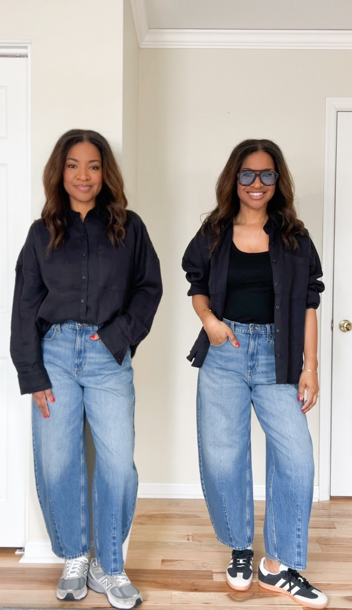 I’m wearing a medium in the black button-down. I’m wearing a small and the tank top. Wear a size 4 in the barrel jeans. Size 1/2 down in the Adidas. ￼

#LTKOver40 #LTKootd #LTKgrwm