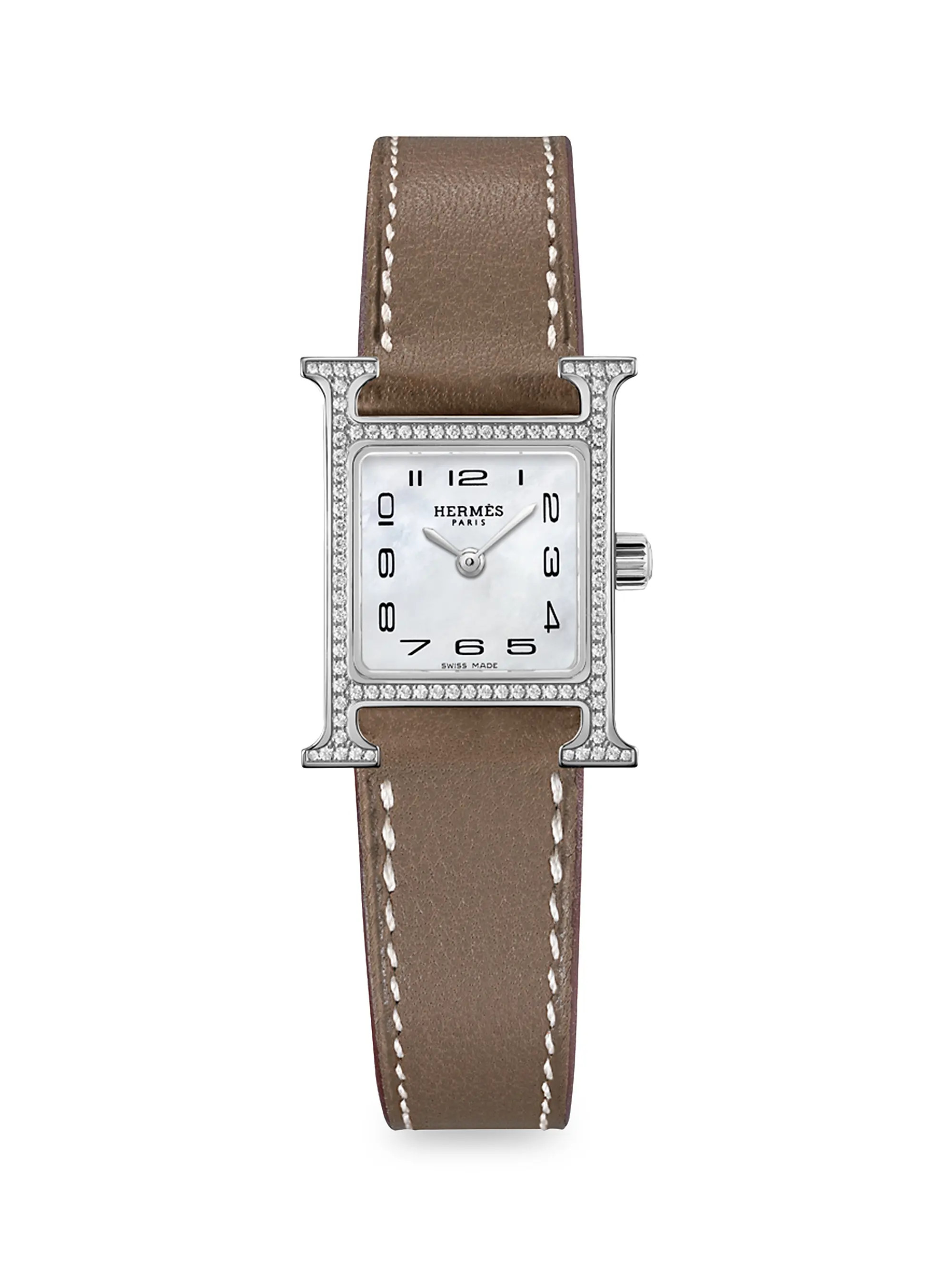 Heure H 21MM Stainless Steel, Diamond & Leather Strap Watch | Saks Fifth Avenue