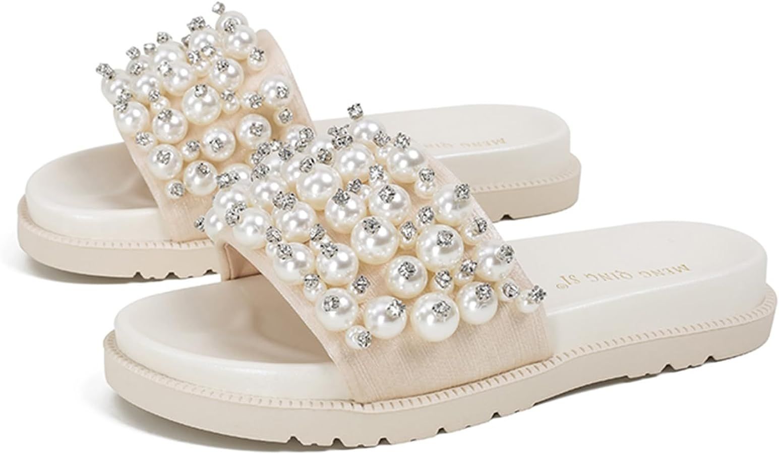 Women's Sparkle Pearl Platform Slides Comfortable Soft Sole Round Open Toe Bling Rhinestone Slip ... | Amazon (US)