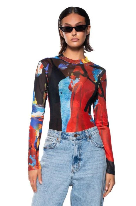 MODERN ART LONG SLEEVE MESH MOCK NECK BODYSUIT | AKIRA