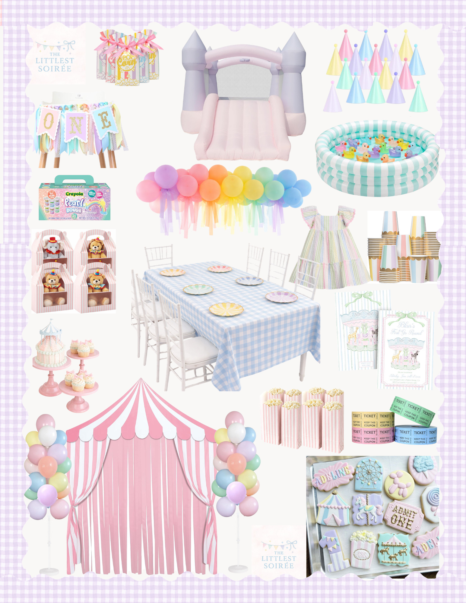 Step right up 🎪 The sweetest pastel carnival party for kids.

This Step Right Up Soiree theme makes it easy to recreate a carnival birthday at home with:

• pastel balloon garland
• carnival tent backdrop
• popcorn boxes + ticket decor
• kids bounce house + duck pond game
• gingham party table setup
• party hats + dress for the birthday kid

Everything on this board is easy to recreate and Amazon-friendly, so you can build the whole party in one place.

Perfect for:
• carnival birthday parties
• backyard summer parties
• pastel circus themes

Shop all the decor, games, and party supplies here 🎟️ 

 #LTKmomlife #LTKBaby #LTKKids