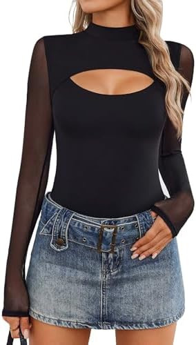 Avidlove Women Long Sleeve Thong Bodysuit Turtle Neck Shapewear Sexy Mesh Top Double Lined Cutout... | Amazon (US)