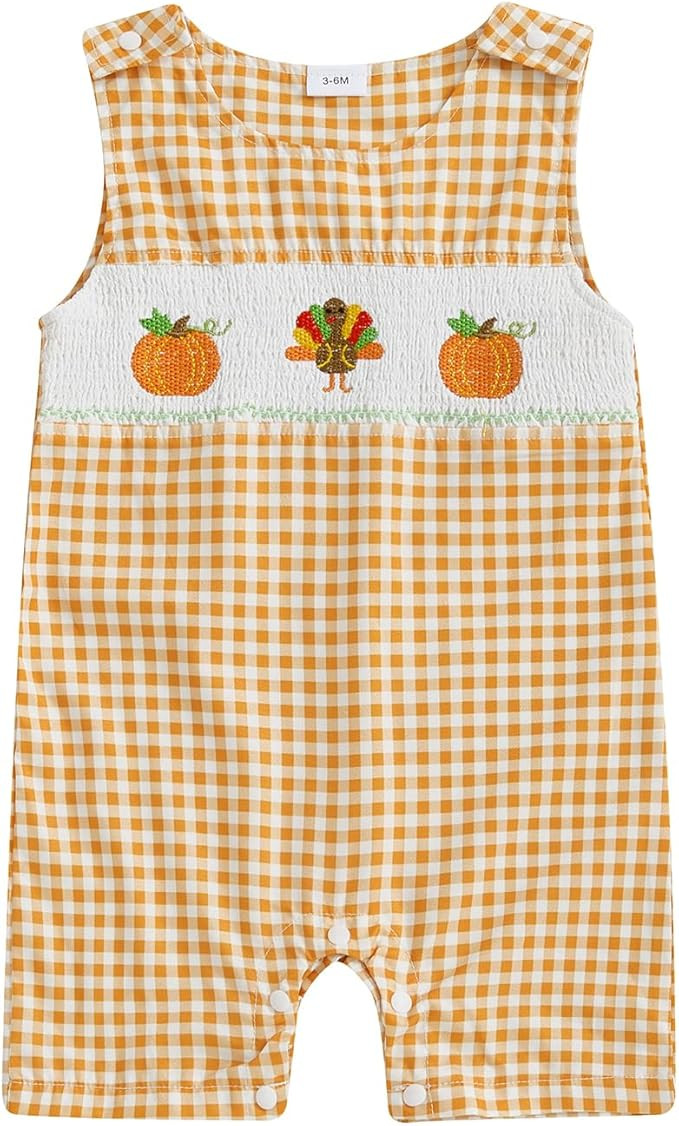 Newborn Boy Girl Halloween Outfit Turkey Pumpkin Embroidery Romper Sleeveless Plaid Overall Thank... | Amazon (US)
