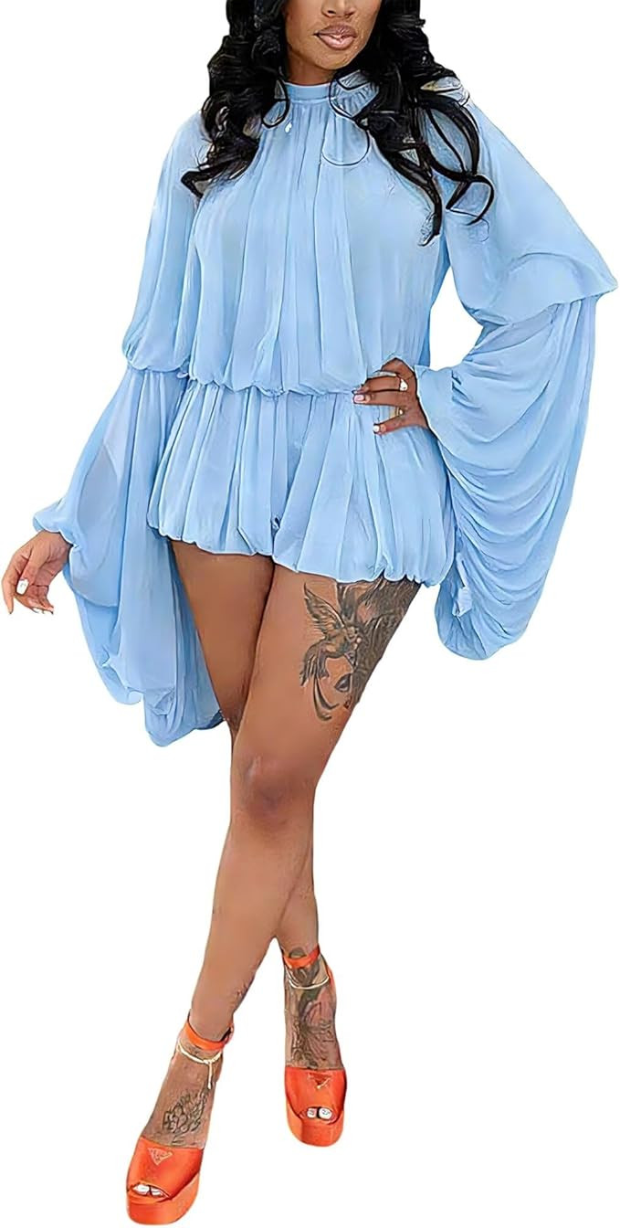 Ekaliy Womens 2 Piece Short Sets Spring Chiffon Mock Neck Bell Sleeve Blouse Bubble Shorts Vacati... | Amazon (US)