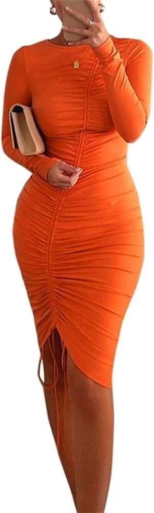 PRIMODA Women's Sexy Long Sleeve Bodycon Irregular Hem Ruched Midi Dress Party Club Dress with Dr... | Amazon (US)