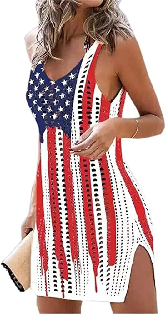 American Flag Dress Womens Hollow Out Slit Crochet Cover Up Sleeveless 4th of July Beach Swimwear... | Amazon (US)