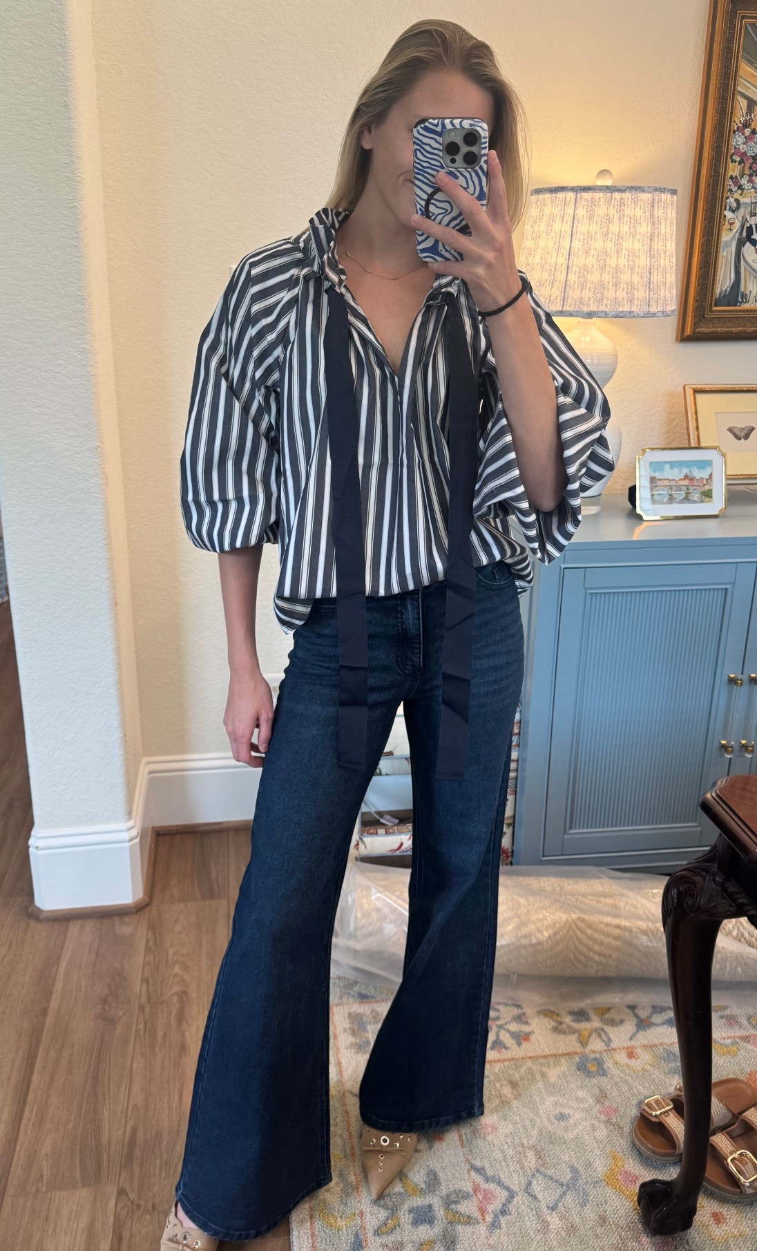 The navy striped top came in & I m pulled it right out of the package to try on! Love this color too! The best $26 top! Wearing an XS! & the best $25 jeans-wearing size 2! & these $23 kitten heel mules! #walmartpartner