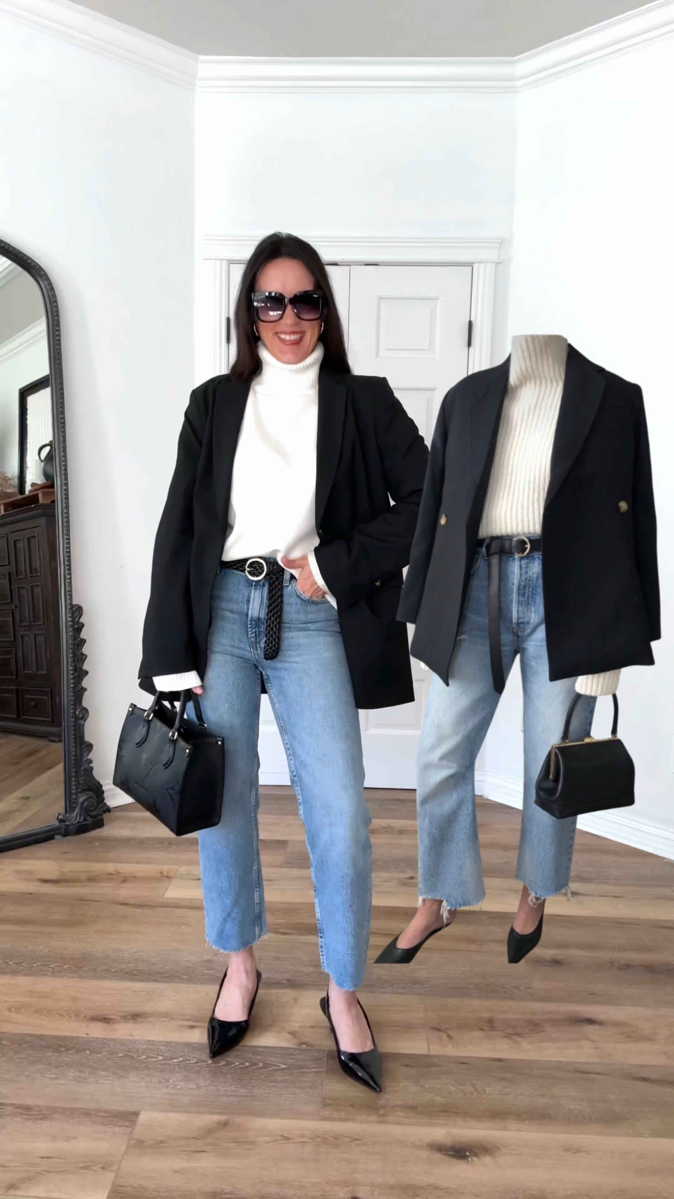 Pinterest inspo - not only do I love cream and black, I love blazers and turtlenecks. Instant outfit elevating combo! A chic yet affordable look.

Sizing:
Blazer-H&M, in medium 
Jeans-Mango, SNUG. Size up at least one. In size 6
Turtleneck-Amazon, sized up to large, could do medium 
Heels-express, linked options 

Casual outfit | jeans | black kitten heels | cream turtleneck | cropped jeans 

#LTKfindsunder50 #LTKover40 #LTKstyletip