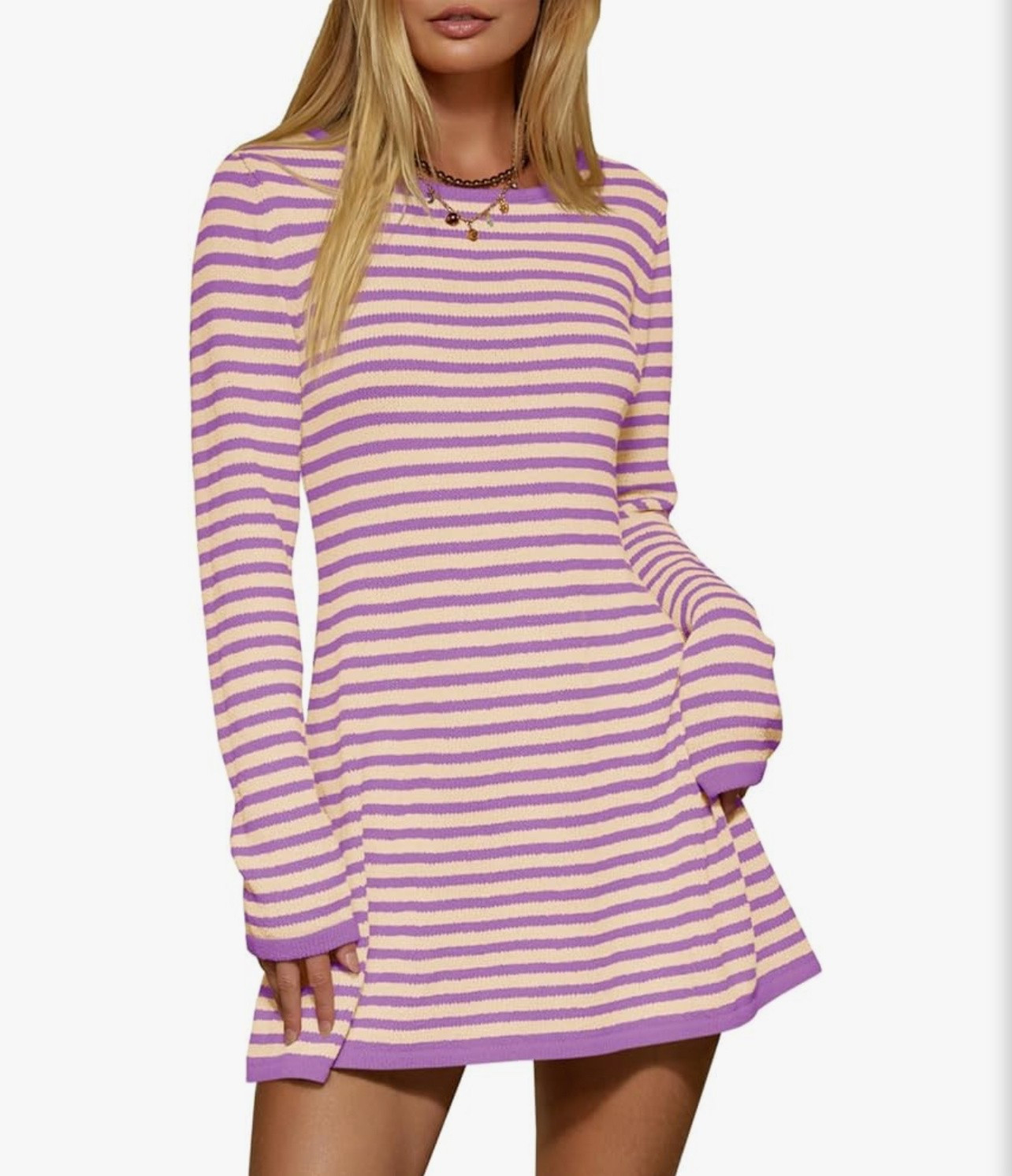 Amazon cutest find.
 Womens Striped Pullover Sweater Crew Neck Fall Long Sleeve Trendy Casual Ribbed Knit Tunic Mini Dress
Comes in 8 colors.