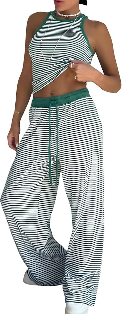 EXLURA Womens Cotton Summer 2 Piece Outfits Striped Halter Tops Matching Wide Leg Pant Sets Loung... | Amazon (US)