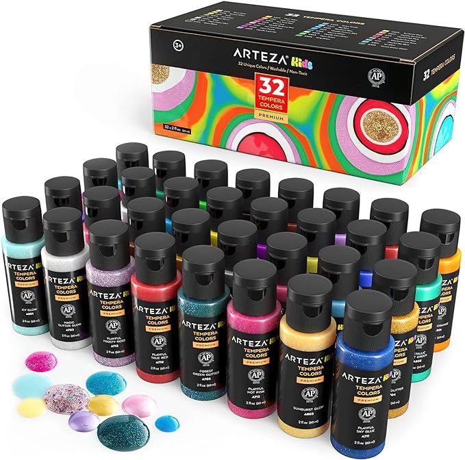 ARTEZA Tempera Washable Paint for Kids, Set of 32, 2.03oz/60ml Bottles, Poster Paint for Craft Pr... | Amazon (US)