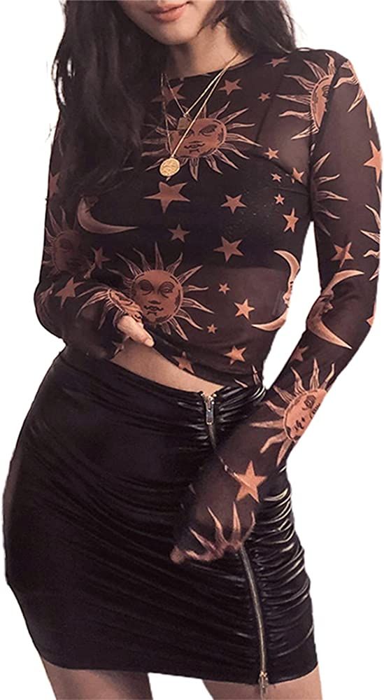 Remidoo Women's Long Sleeve Crewneck Butterfly Print Sexy Sheer Mesh Crop Top | Amazon (US)
