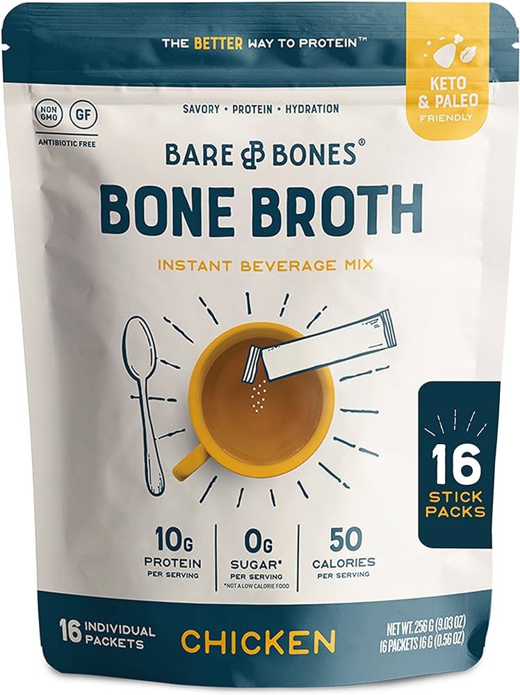Bare Bones Bone Broth Instant Powdered Beverage Mix, Chicken, Pack of 16, 15g Sticks, 10g Protein... | Amazon (US)