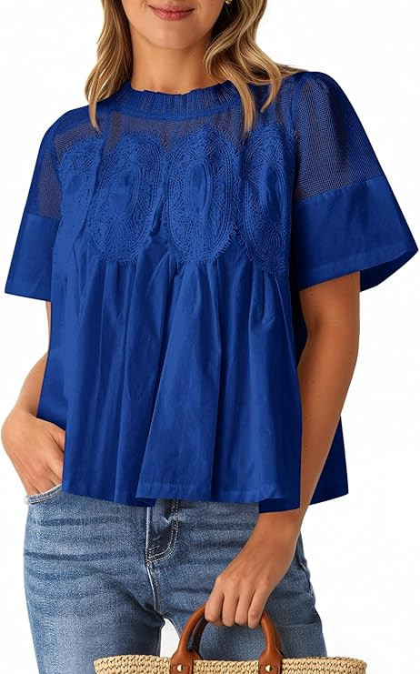 Cicy Bell Womens Babydoll Lace Blouses Short Sleeve Ruffle Crew Neck Peplum Tops Dressy Casual Lo... | Amazon (US)