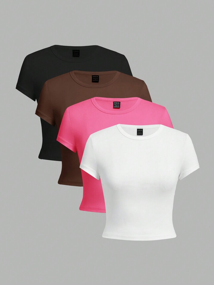 SHEIN EZwear Ladies' Casual 4pcs/Set Plain Cropped Slim Fit Short-Sleeve T-Shirt For Summer | SHEIN