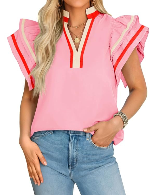 Cicy Bell Womens Ruffle Cap Sleeve Tops Color Block V Neck Dressy Casual Blouses Summer Pleated L... | Amazon (US)