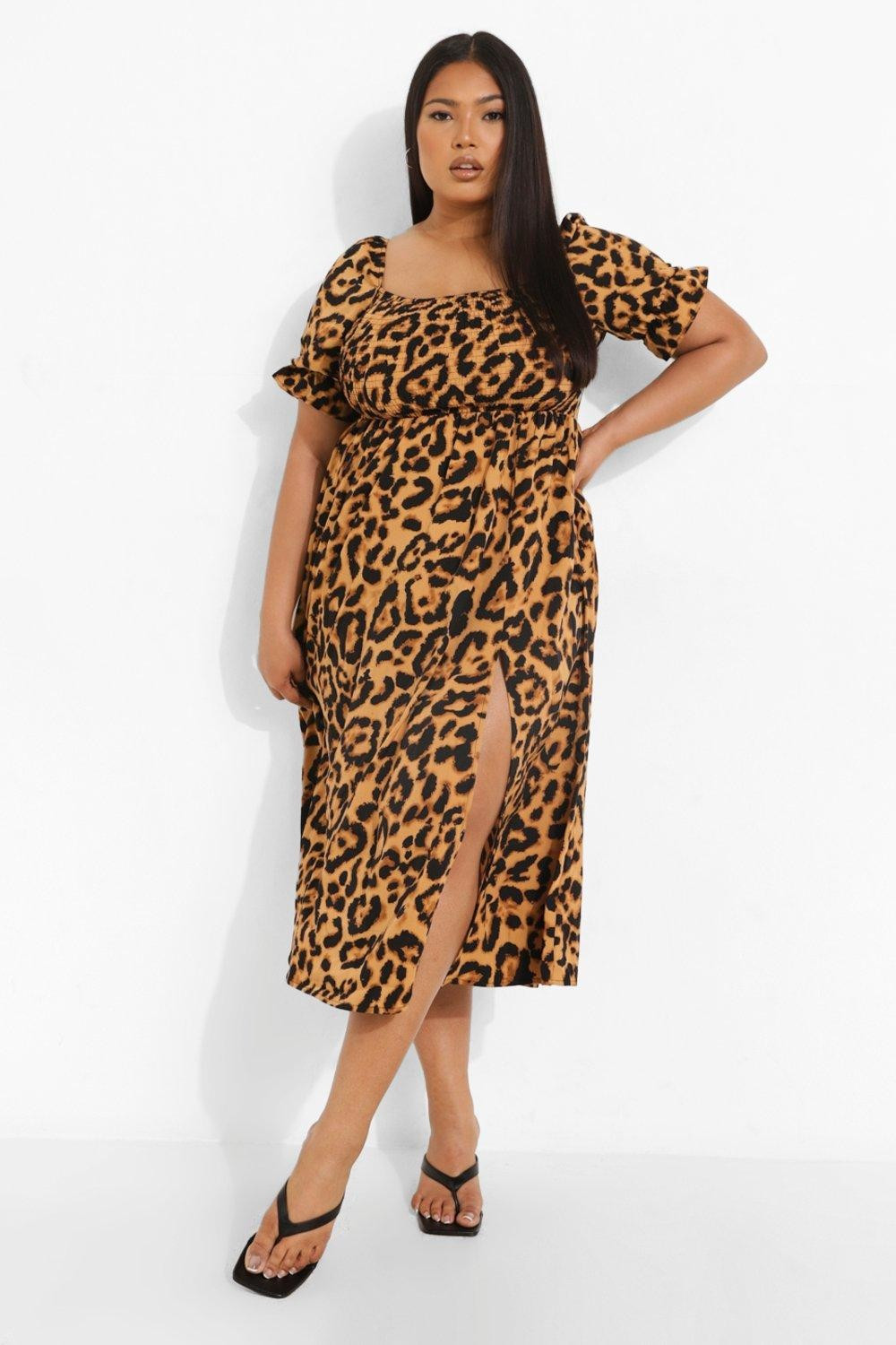 Plus Leopard Square Neck Shirred Maxi Dress | Boohoo.com (UK & IE)