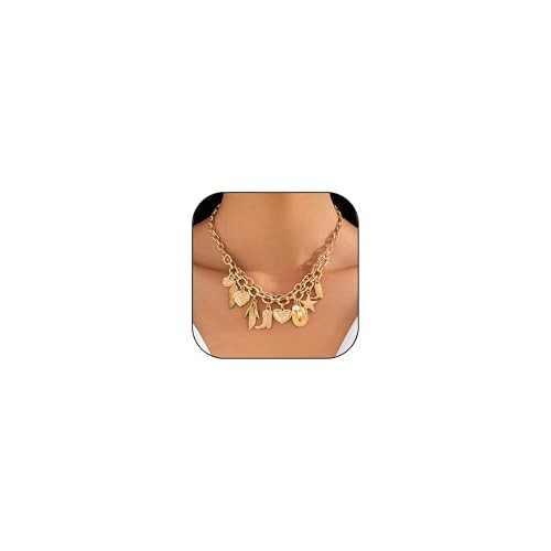 Gold Charm Necklace for Women Trendy Gold Puffy Heart Bow Conch Pearl Pendant Necklace Adjustable Ventige Paper Cilp Charm Necklace Summer Beach Jewelry Gifts for Women (Cowboy) | Amazon (US)