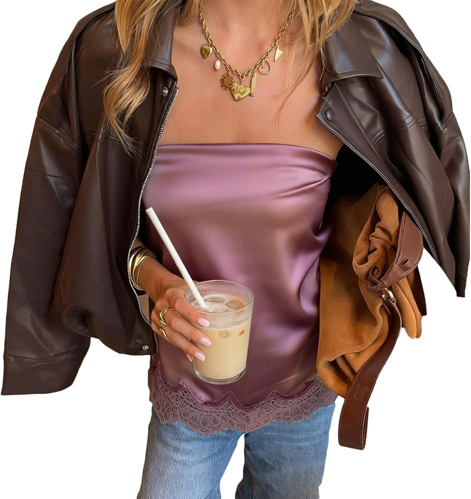 Women Y2K Lace Trim Satin Strapless Top Sleeveless Backless Loose Babydoll Tube Top Sexy Going Ou... | Amazon (US)