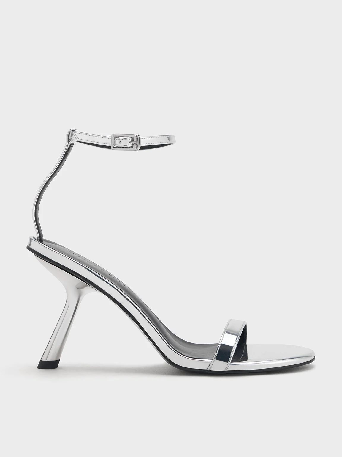Silver Metallic Slant-Heel Ankle-Strap Sandals | CHARLES & KEITH UK | Charles & Keith UK