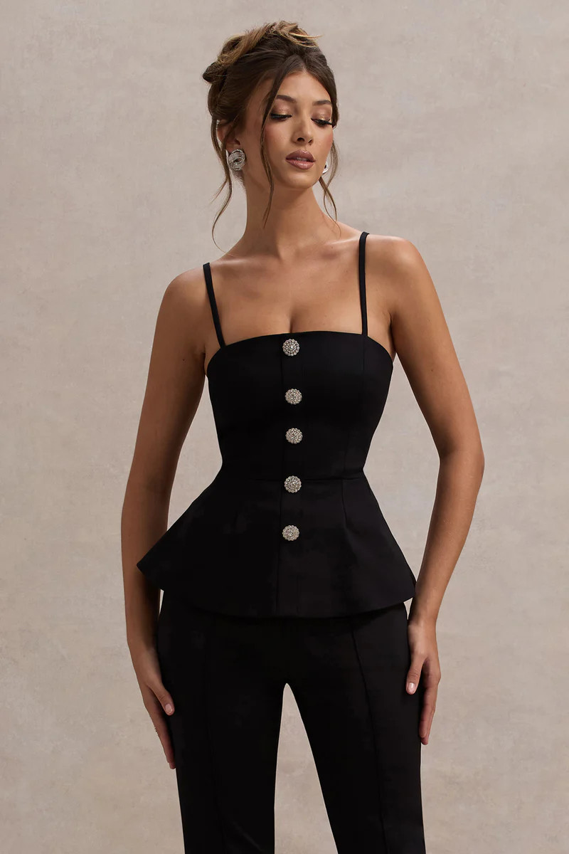 Skyla | Black Strappy Top With Buttons | Club L London